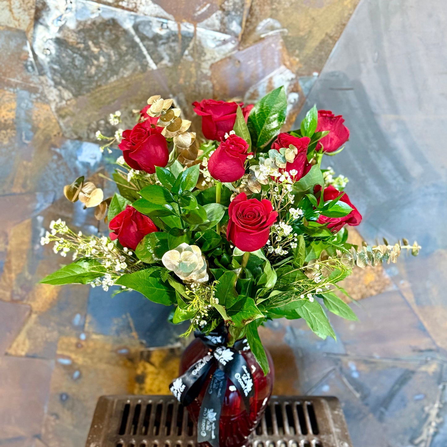 12 Red Rose with Gold Leaf In Vase